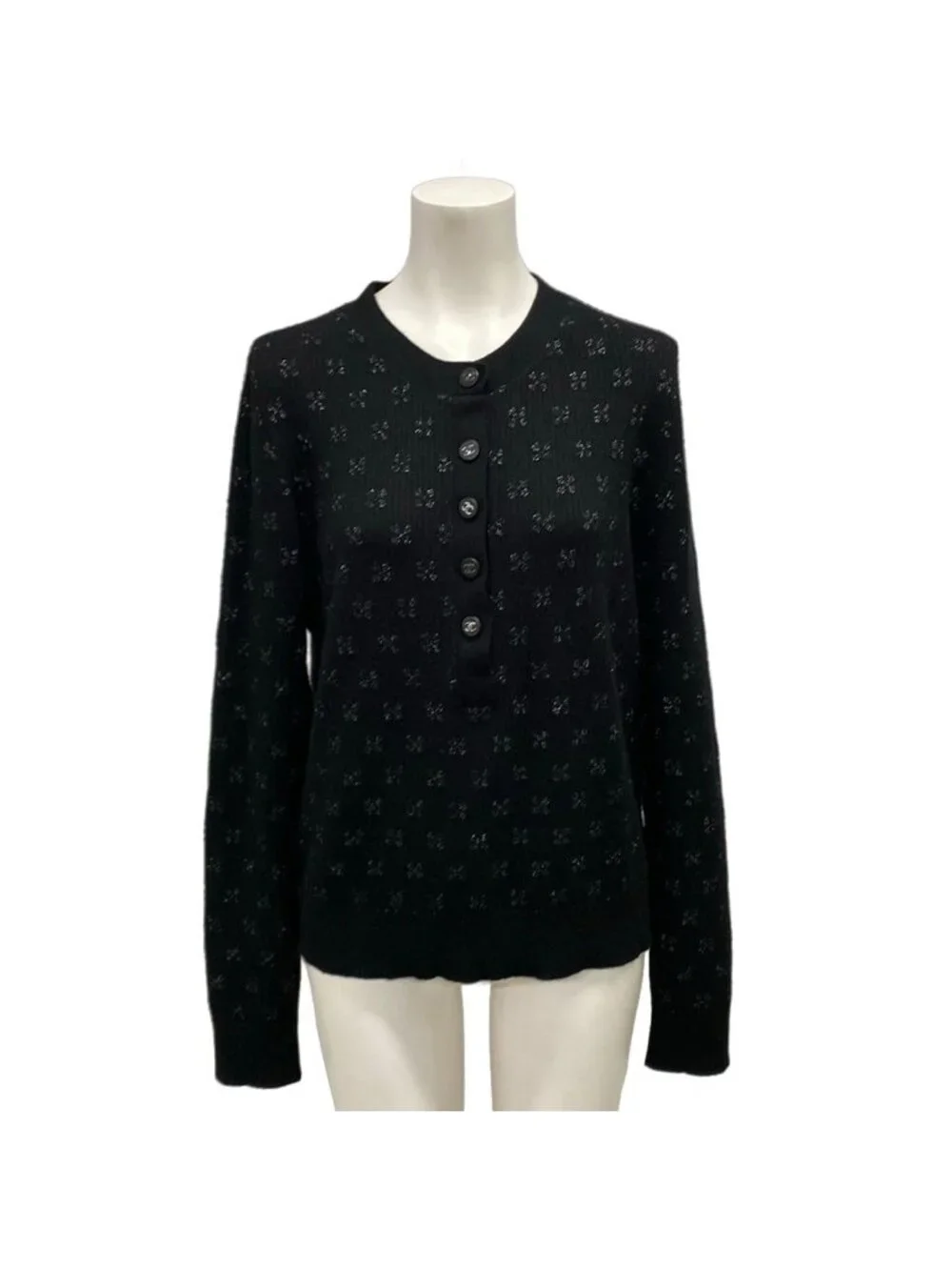 Chanel Long Sleeve Sweater 38 M Black 38 Pullover Lame Coco Button Cashmere
